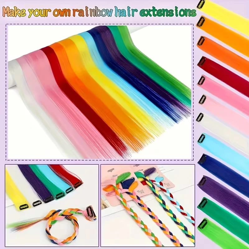 22Inch Synthetic 6pcs Long Straight Hair Extension Colored Rainbow High-Temperature Fiber Hairpiece for Women Daily Party Use
