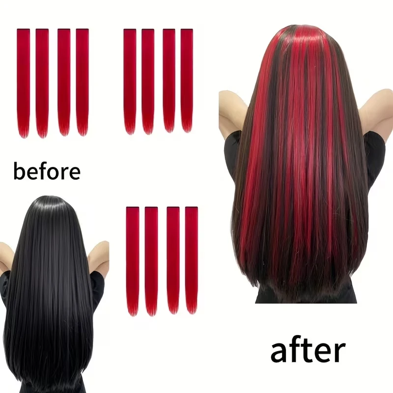 22Inch Synthetic 6pcs Long Straight Hair Extension Colored Rainbow High-Temperature Fiber Hairpiece for Women Daily Party Use