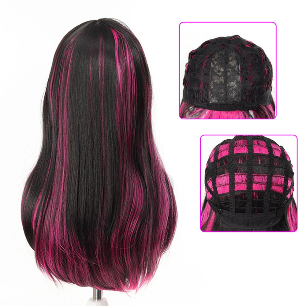 24' Synthetic Red Purple Wigs for Women Hime Cut Fringe Bangs Split Dye Halloween Party Cosplay Items Wig Half and Half Color
