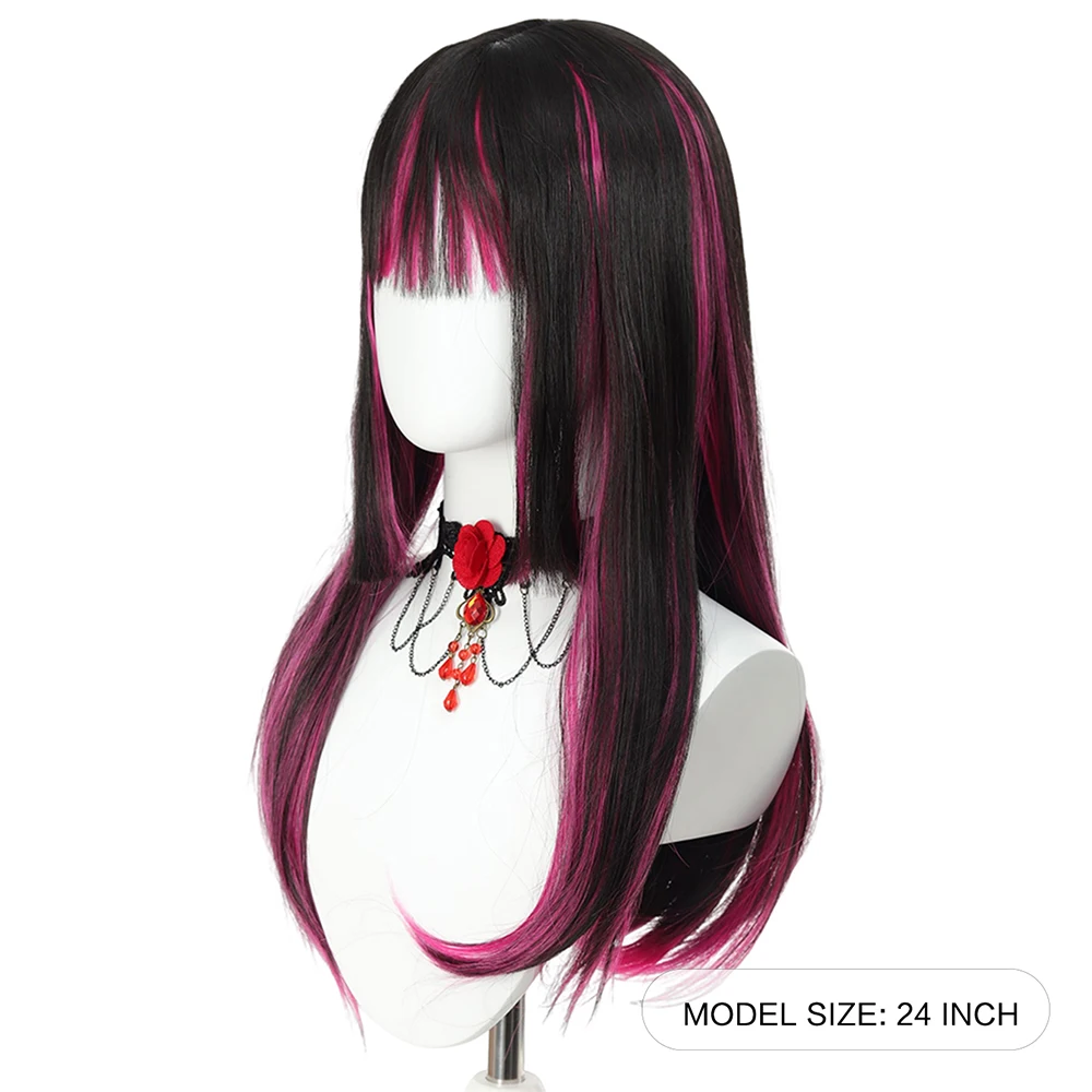 24' Synthetic Red Purple Wigs for Women Hime Cut Fringe Bangs Split Dye Halloween Party Cosplay Items Wig Half and Half Color