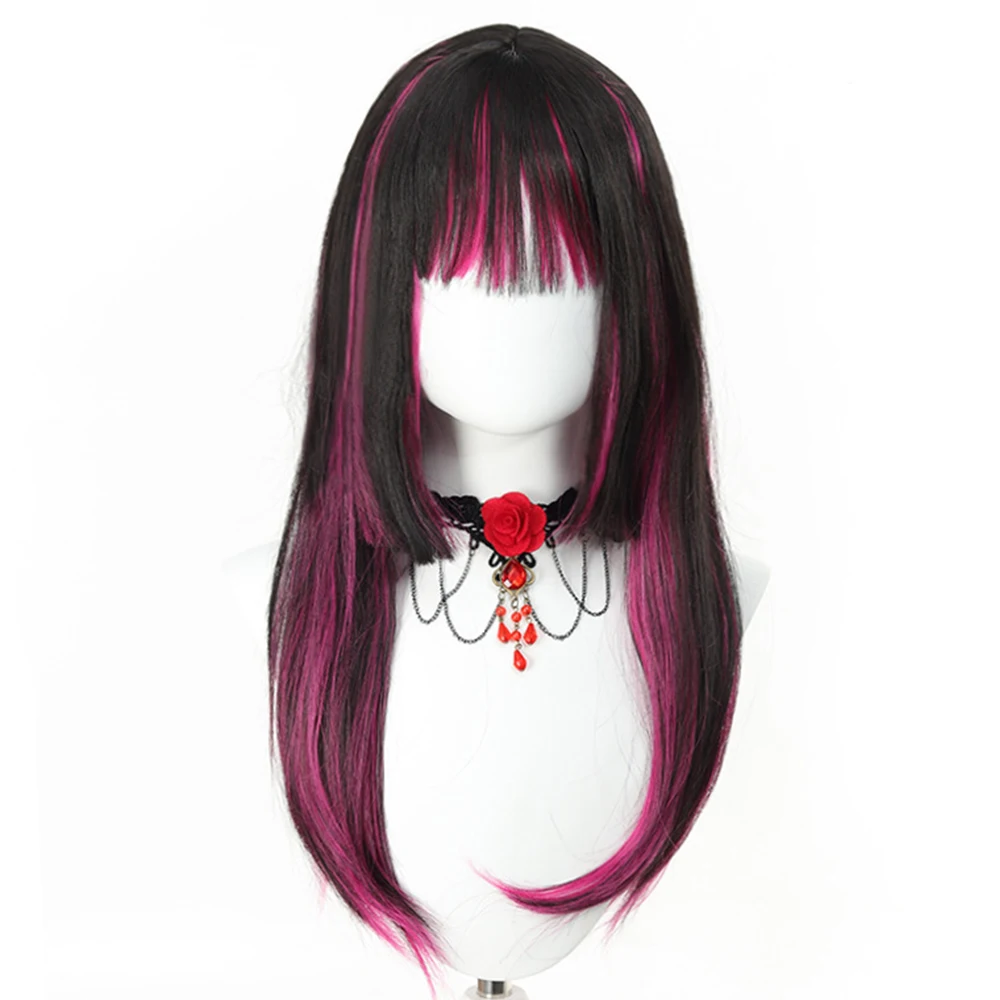 24' Synthetic Red Purple Wigs for Women Hime Cut Fringe Bangs Split Dye Halloween Party Cosplay Items Wig Half and Half Color