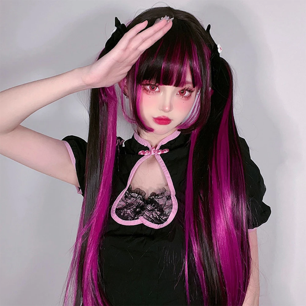 24' Synthetic Red Purple Wigs for Women Hime Cut Fringe Bangs Split Dye Halloween Party Cosplay Items Wig Half and Half Color