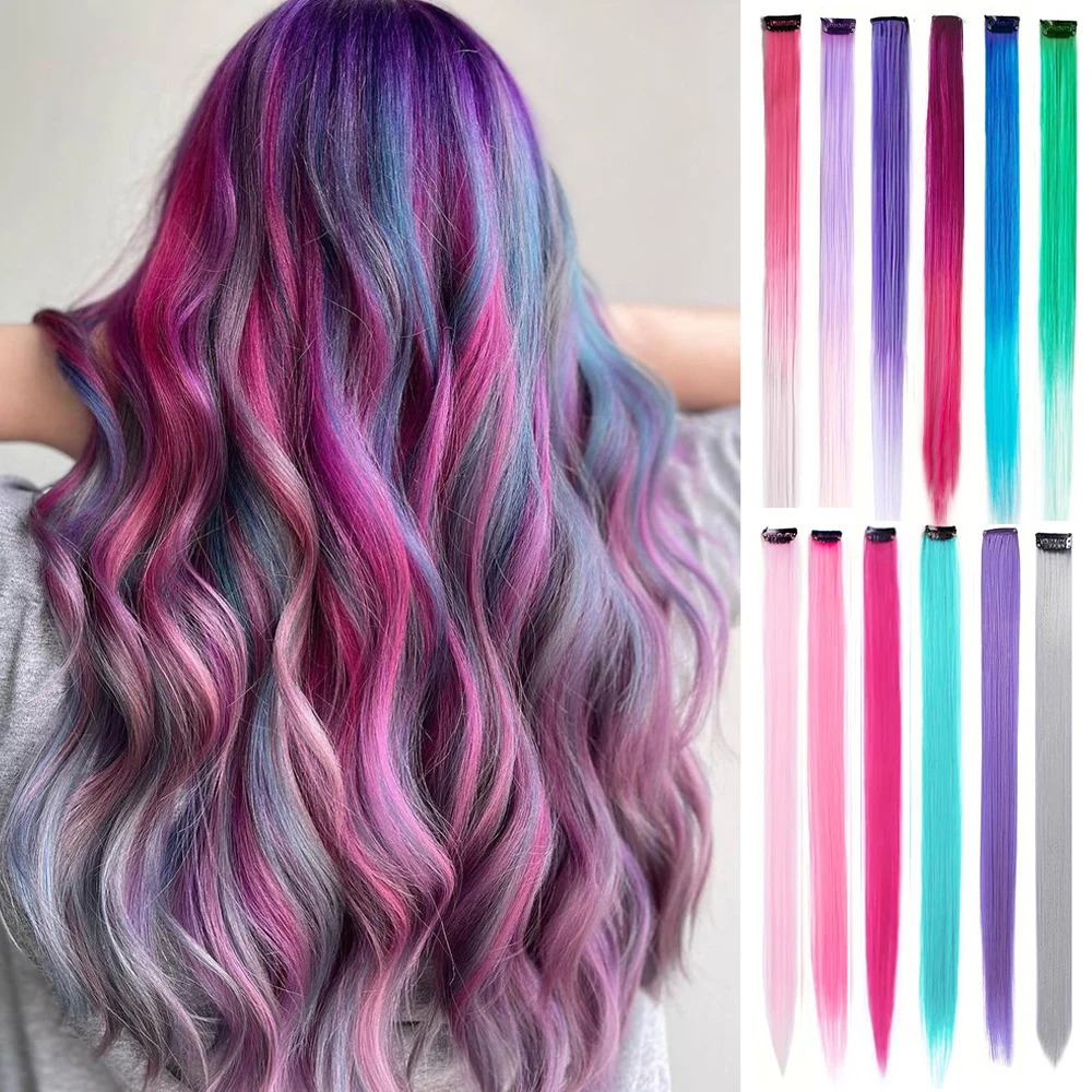 6pcs/pack Colored Party Highlights Clip in Hair Extensions for Girls 22 Inches Multi-colors Straight Hair Synthetic Hairpieces