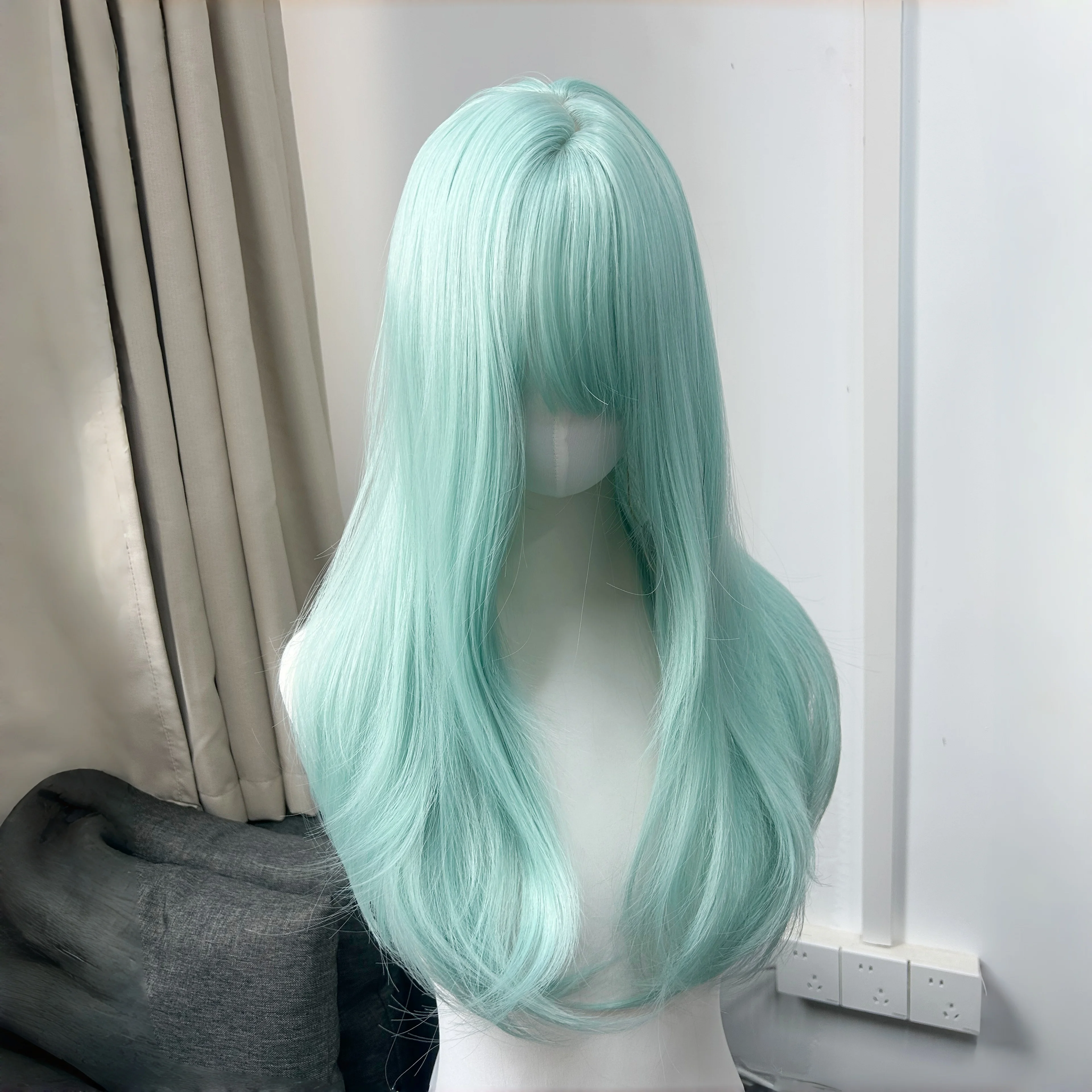 Wig with Bangs Mint Green 24inch Straight Headband Wig for Women Lolita Nature Fashion High Temperature Fibers Synthetic Wigs