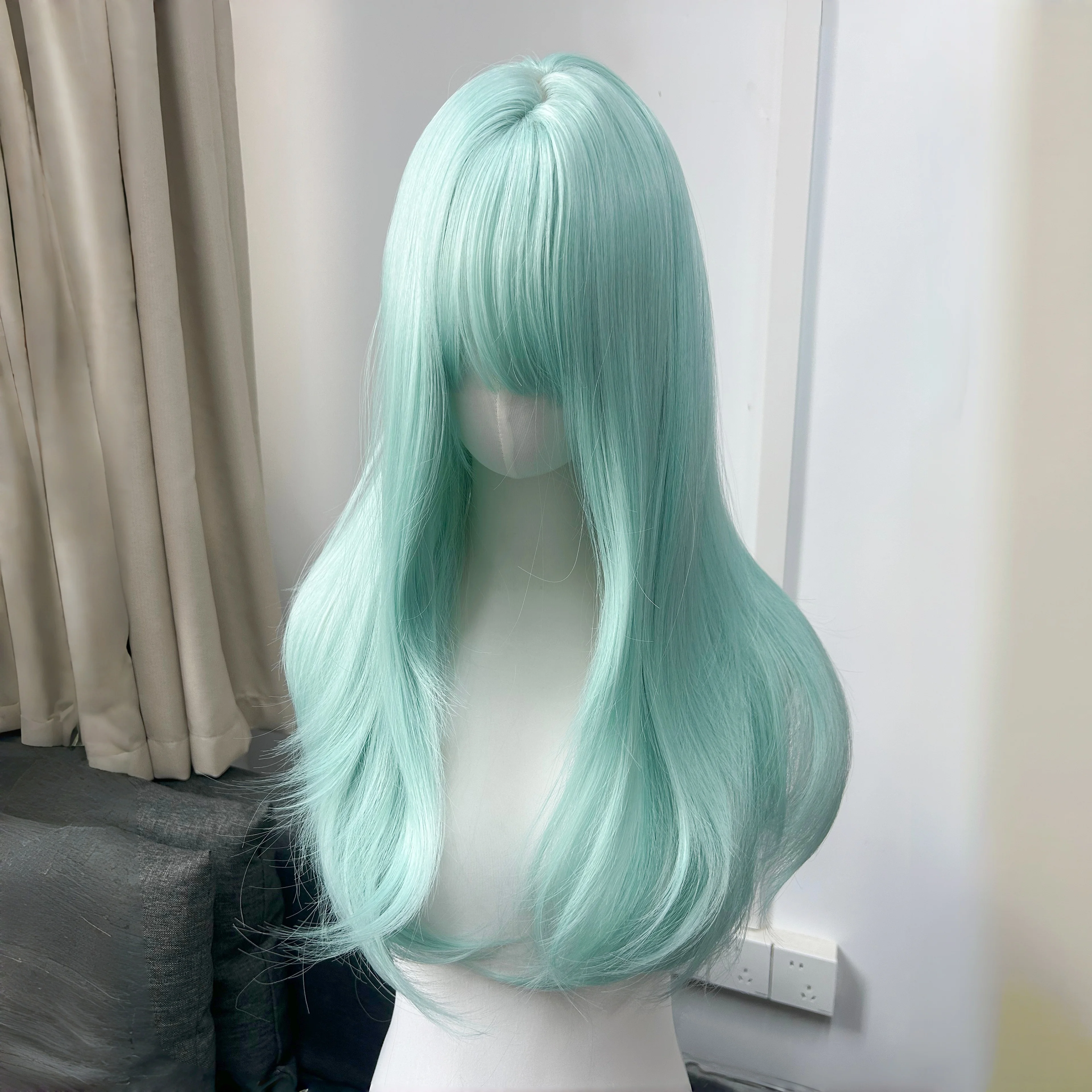 Wig with Bangs Mint Green 24inch Straight Headband Wig for Women Lolita Nature Fashion High Temperature Fibers Synthetic Wigs