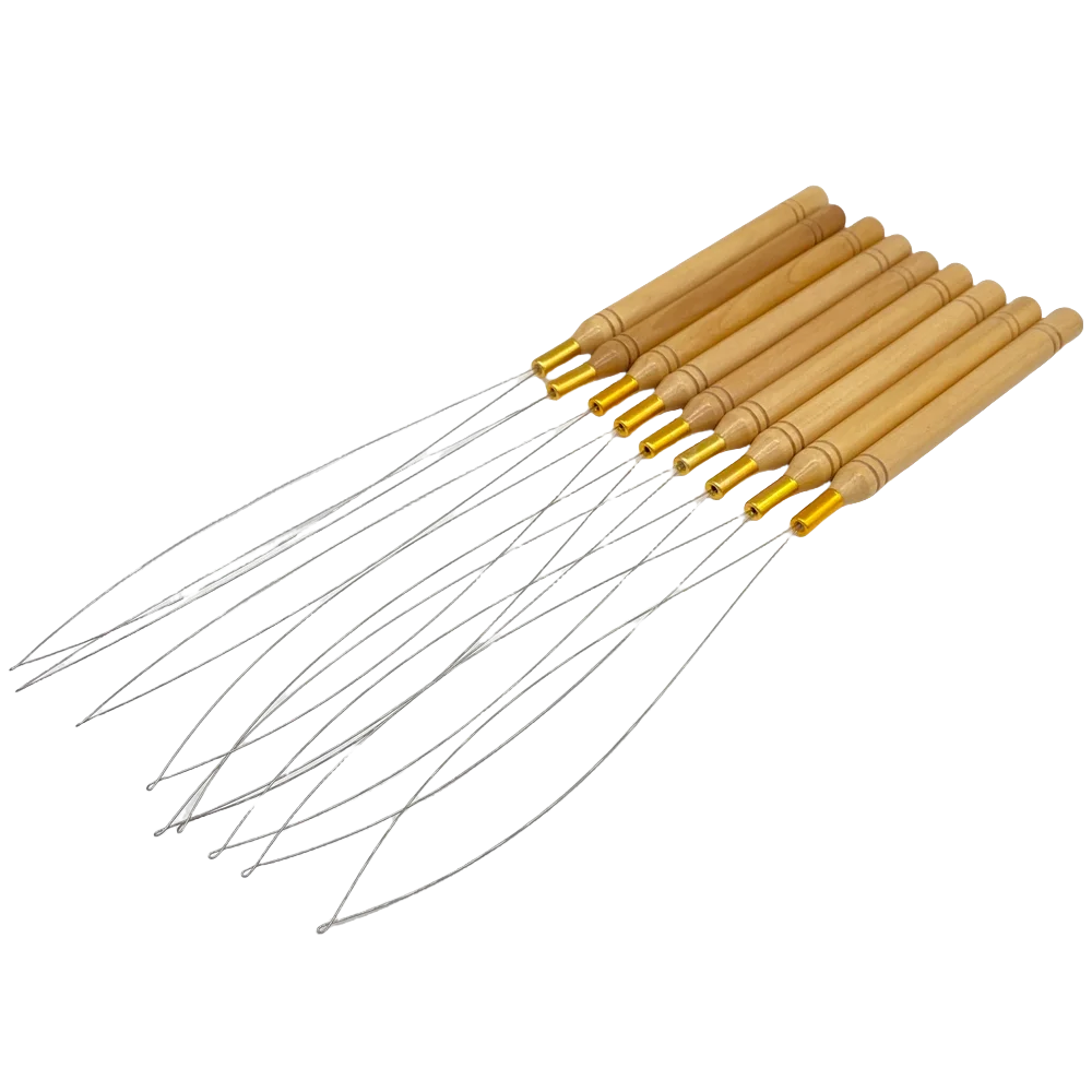 20 pcs Loop Pulling Needle Wood Handle Loop Needle Hair Extensions Feather Hair Extension Tools 2.9mm Nano Ring Threader Tools