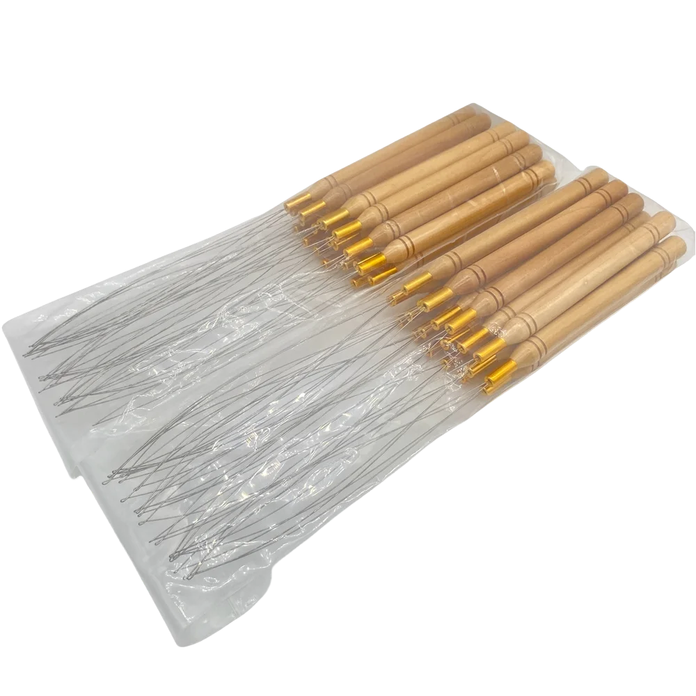 20 pcs Loop Pulling Needle Wood Handle Loop Needle Hair Extensions Feather Hair Extension Tools 2.9mm Nano Ring Threader Tools