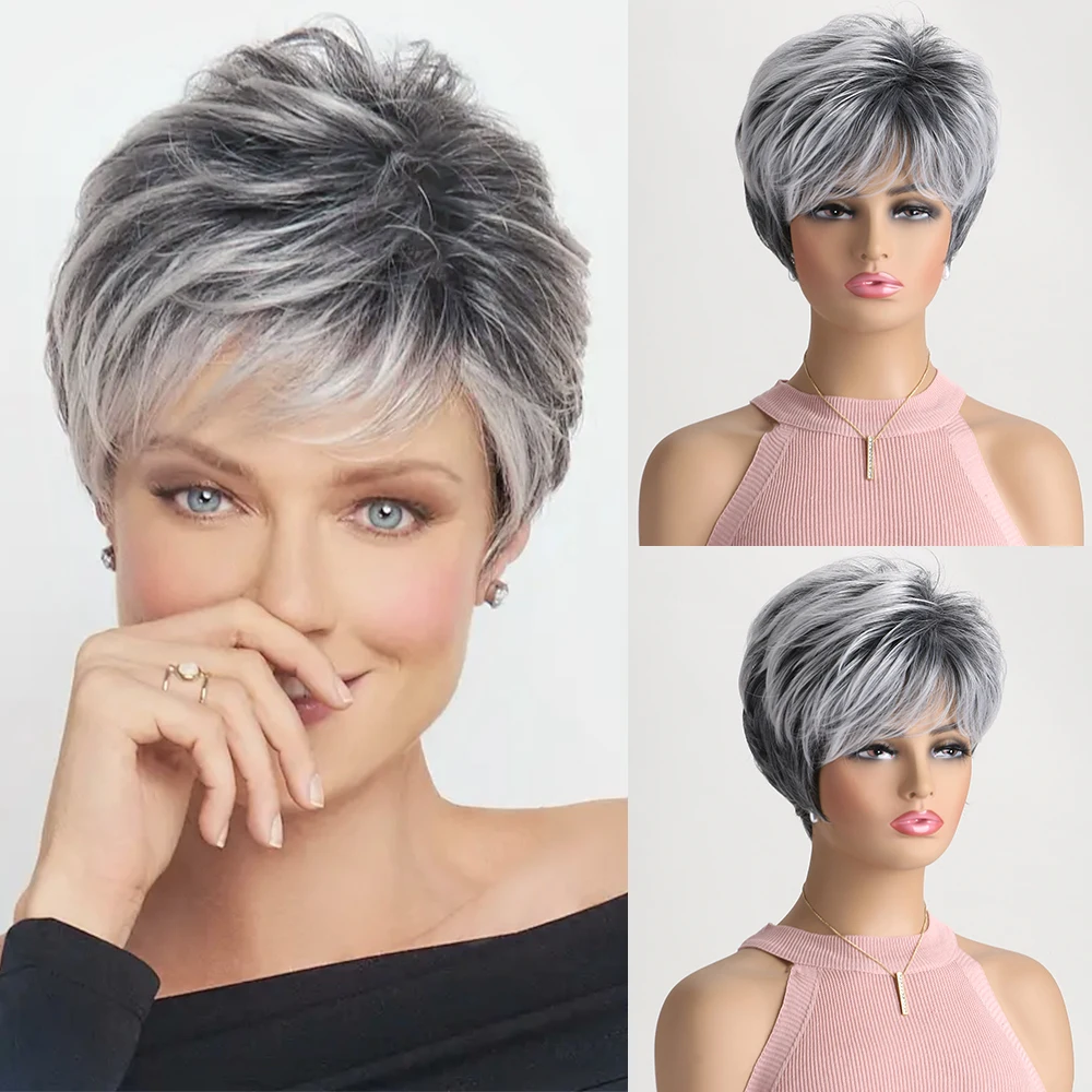 Short Natural Wigs with Bangs Soft Mommy Hair Daily Use Short Grey Ombre Curly Synthetic Hair Costume Party Wig for Women