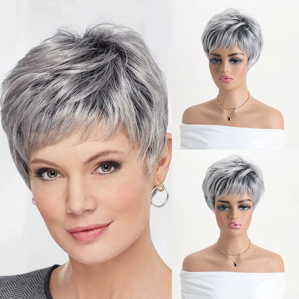 Short Natural Wigs with Bangs Soft Mommy Hair Daily Use Short Grey Ombre Curly Synthetic Hair Costume Party Wig for Women
