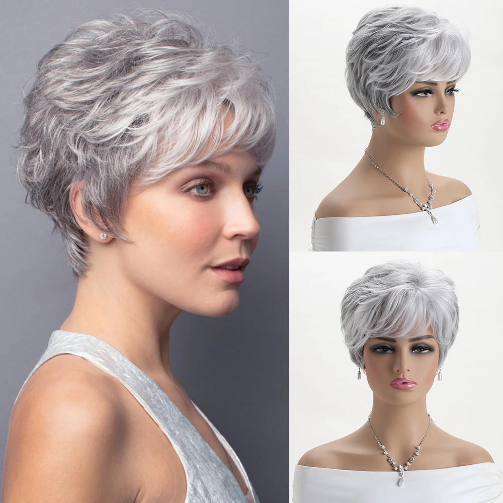 Short Natural Wigs with Bangs Soft Mommy Hair Daily Use Short Grey Ombre Curly Synthetic Hair Costume Party Wig for Women