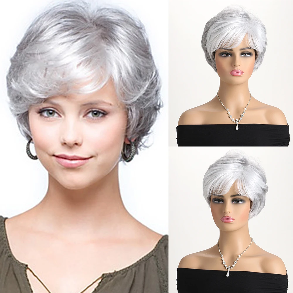 Short Natural Wigs with Bangs Soft Mommy Hair Daily Use Short Grey Ombre Curly Synthetic Hair Costume Party Wig for Women