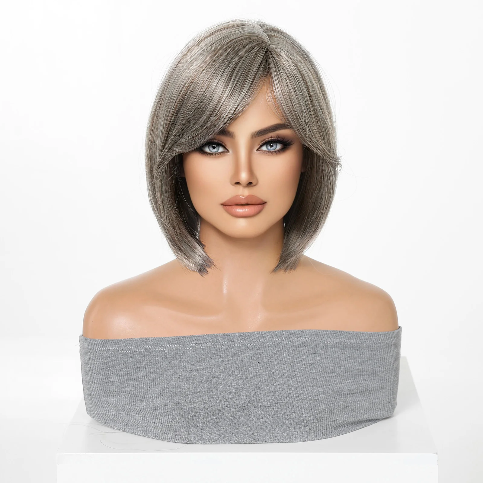 Short Straight Synthetic Wig Gray Blonde Ombre Heat Resistant Fiber Natural Looking Daily Wear Party Cosplay for Women Daily