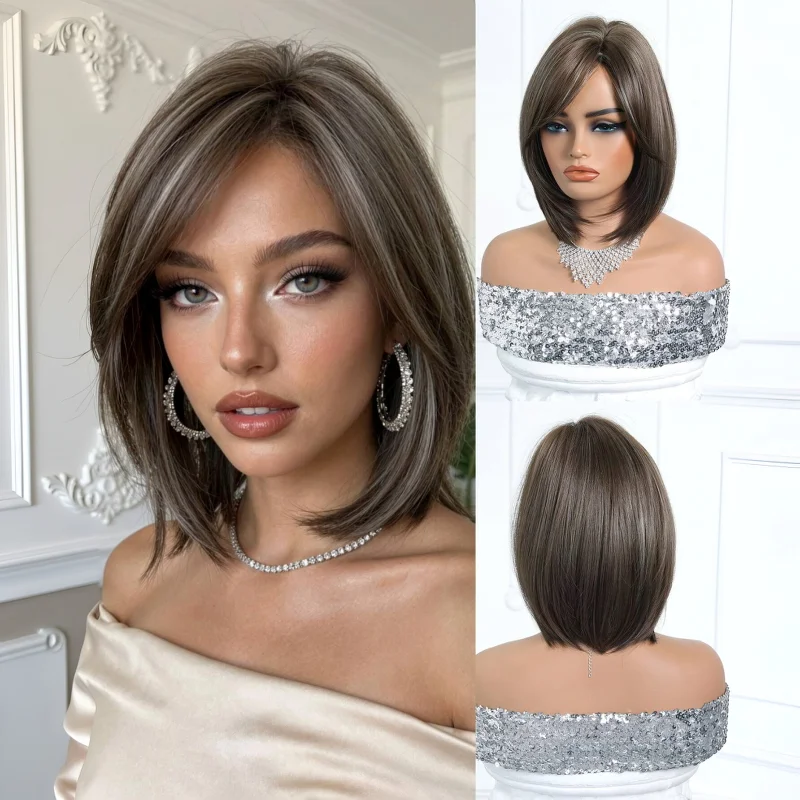 Short Straight Synthetic Wig Gray Blonde Ombre Heat Resistant Fiber Natural Looking Daily Wear Party Cosplay for Women Daily