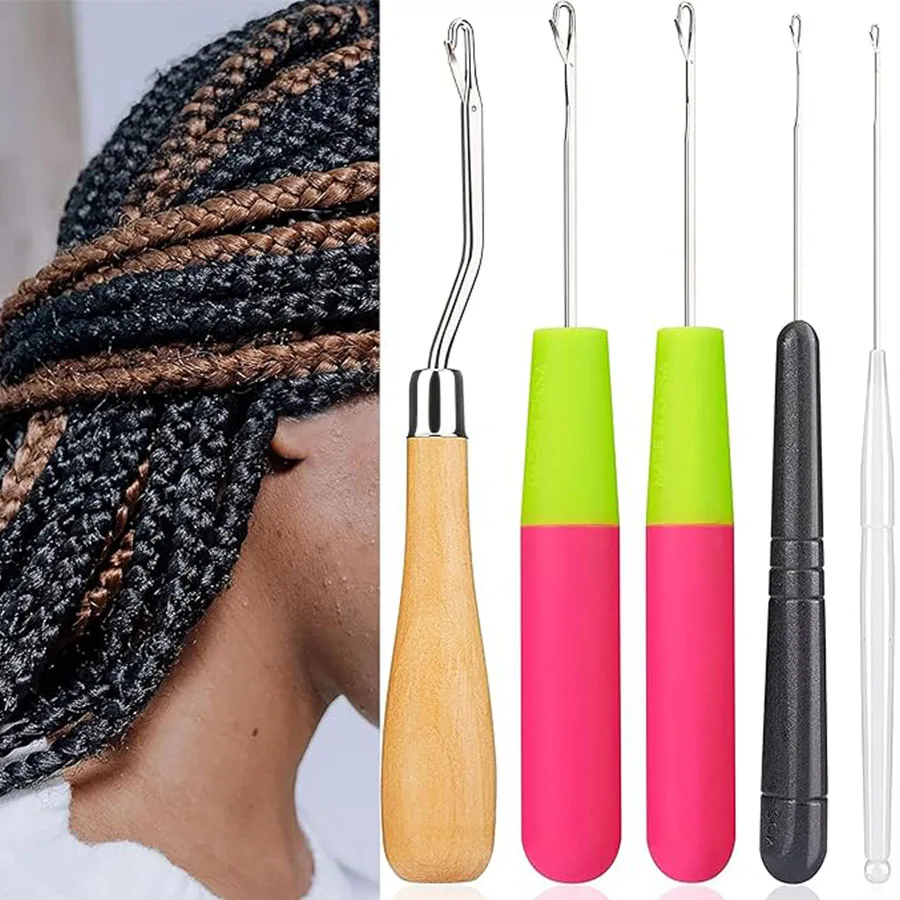 5pcs/Set  Crochet Dreadlock Hook Needles Dreadlock Tool Plastic & Wood Hair Weaving Crochet Needles Dreading Latch Hooks Craft
