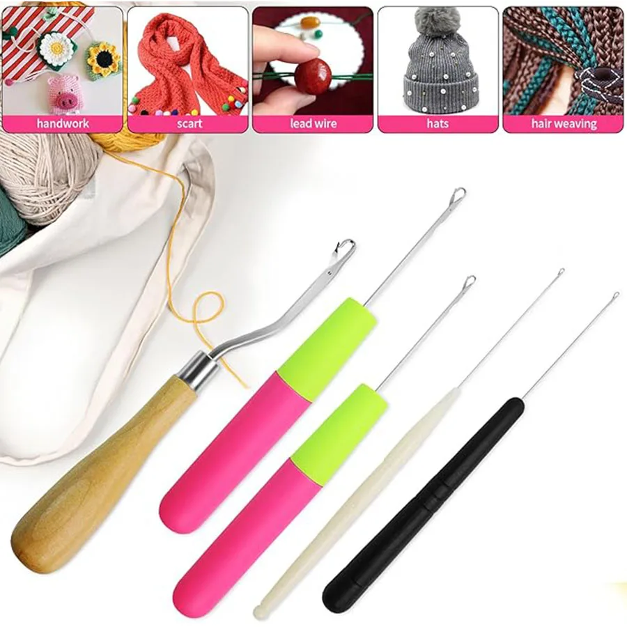5pcs/Set  Crochet Dreadlock Hook Needles Dreadlock Tool Plastic & Wood Hair Weaving Crochet Needles Dreading Latch Hooks Craft