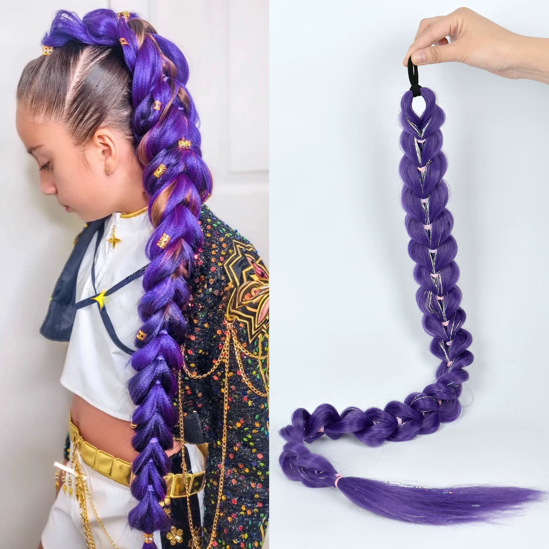 32" Extra-Long Synthetic Purple Braided Wig | Shimmering Metallic | Kids Christmas Costume Hairpiece Halloween wig Cosplay