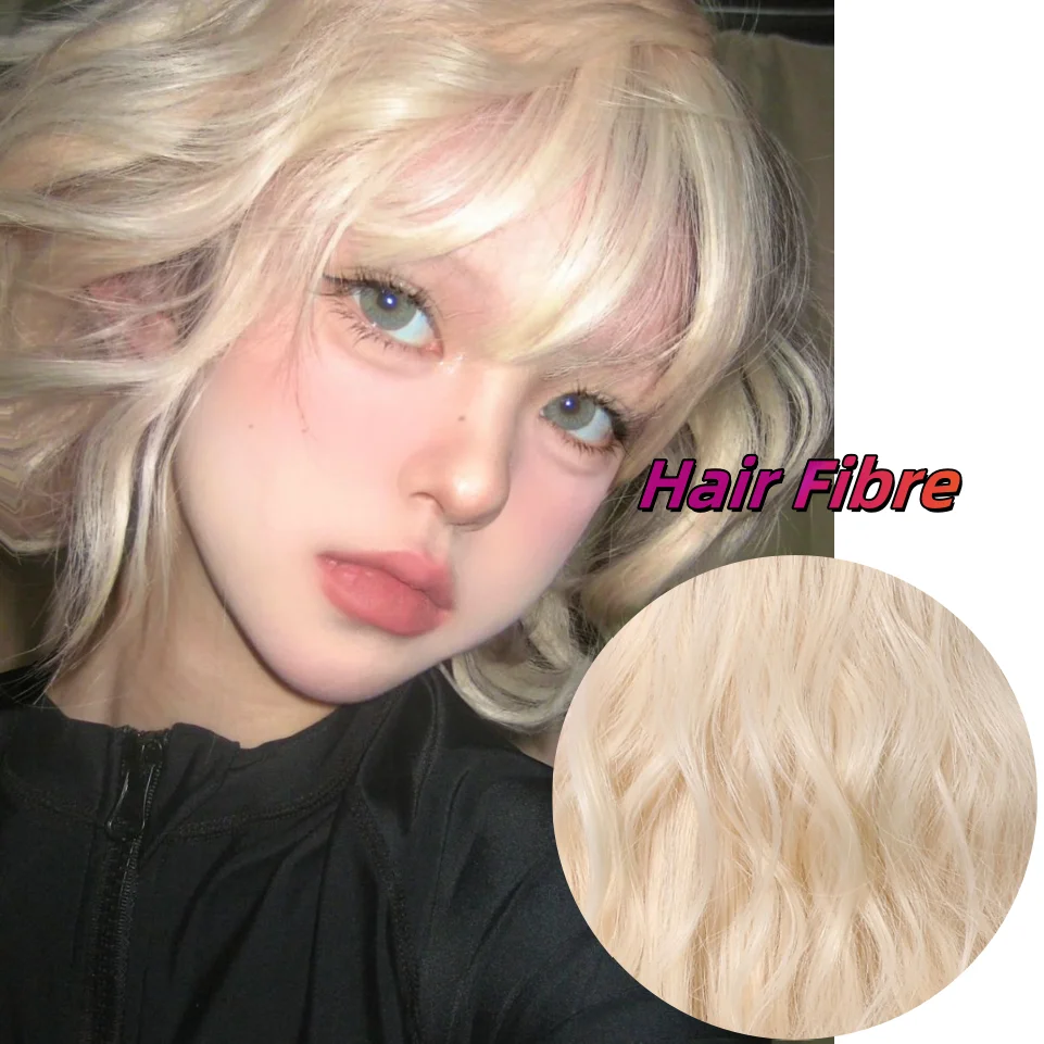 Platinum Blonde Short Bob Wavy Synthetic Wig with Bangs Fluffy Natural Heat Resistant Fiber Cosplay Daily Party Wig for Women