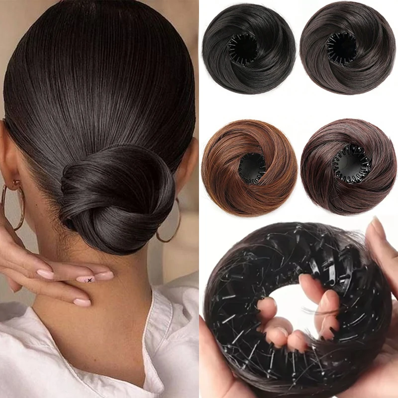 Synthetic Chignon Wig Hair Bun Extensions Retractable Bun Hairpiece Straight Donut Chignon Updo Hair for Women All Occasions Use