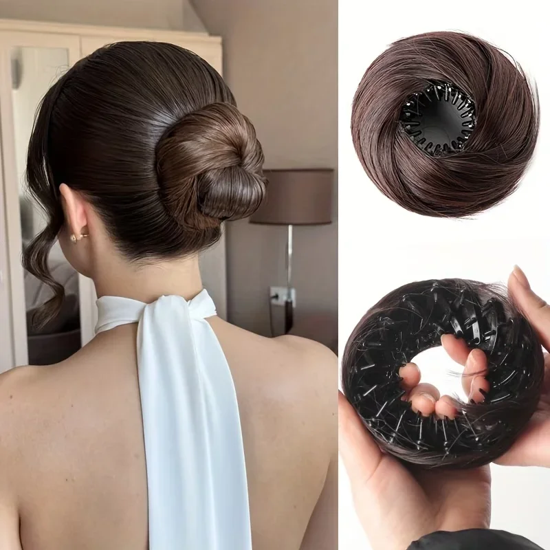 Synthetic Chignon Wig Hair Bun Extensions Retractable Bun Hairpiece Straight Donut Chignon Updo Hair for Women All Occasions Use