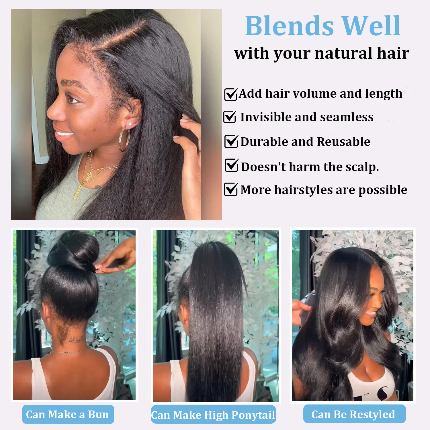 Tape In Kinky Straight Human Hair Extensions Brazilian Hair Adhesive Extensions Skin Weft Black 100% Real Human Hair for Women