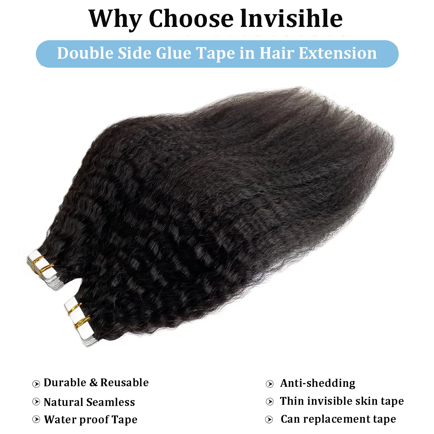 Tape In Kinky Straight Human Hair Extensions Brazilian Hair Adhesive Extensions Skin Weft Black 100% Real Human Hair for Women