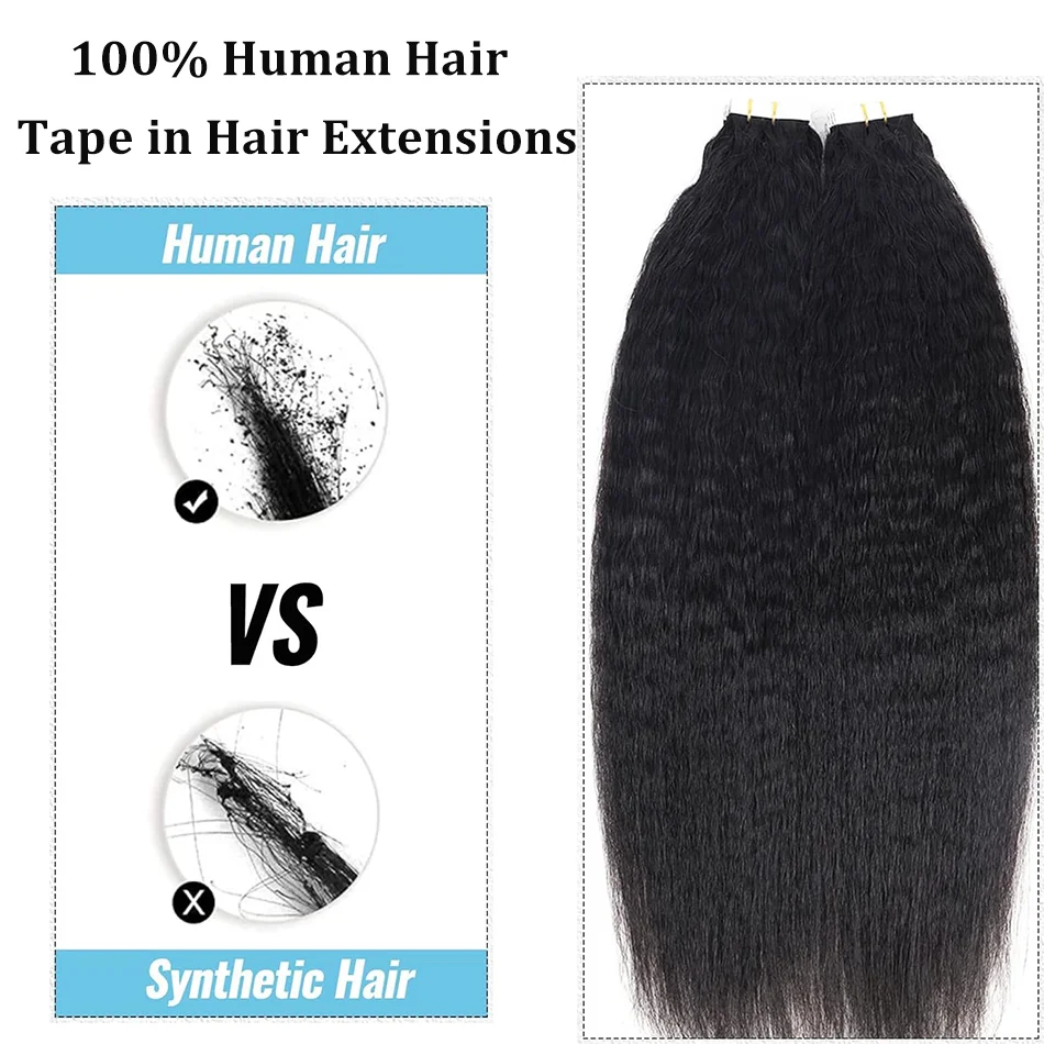 Tape In Kinky Straight Human Hair Extensions Brazilian Hair Adhesive Extensions Skin Weft Black 100% Real Human Hair for Women