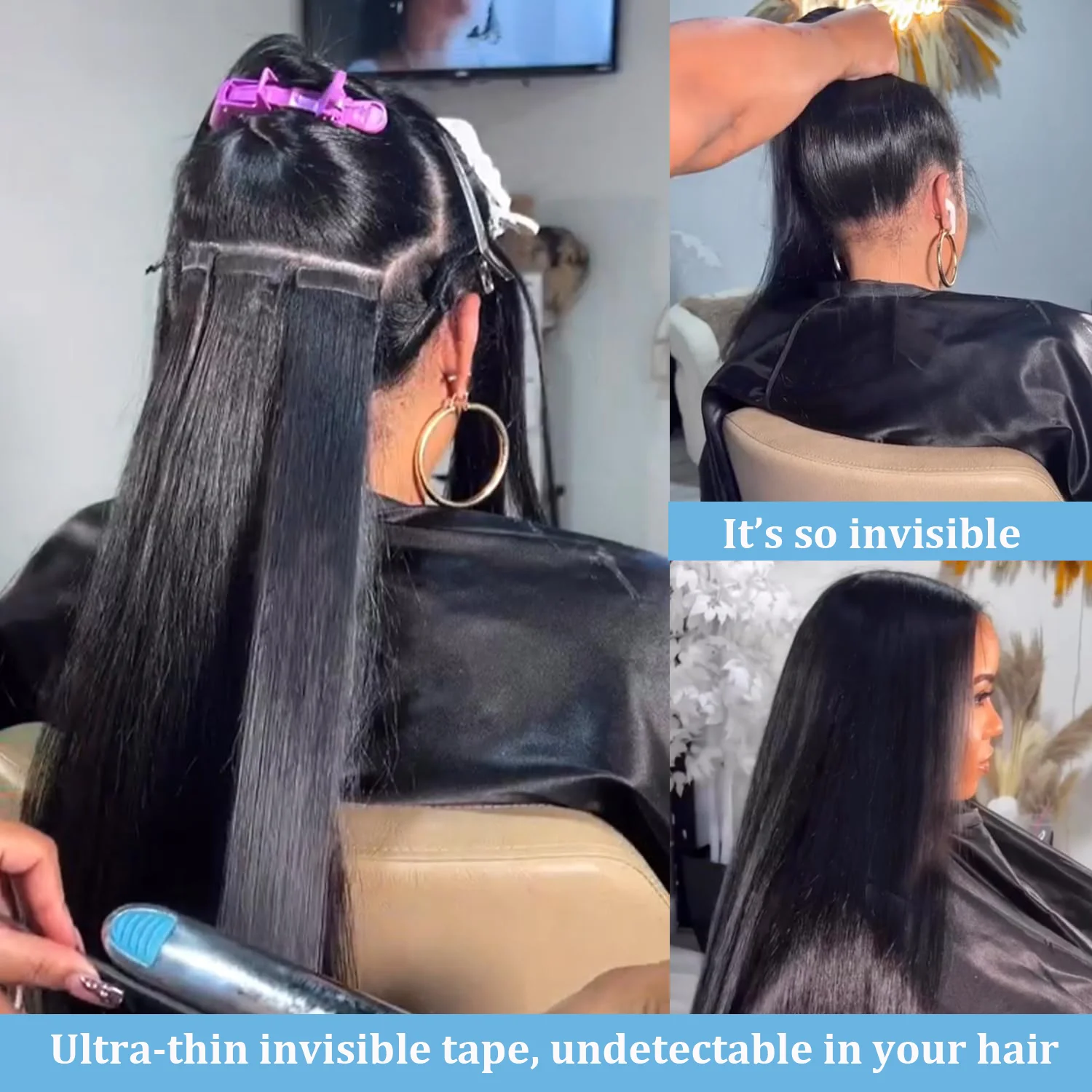 Tape In Kinky Straight Human Hair Extensions Brazilian Hair Adhesive Extensions Skin Weft Black 100% Real Human Hair for Women