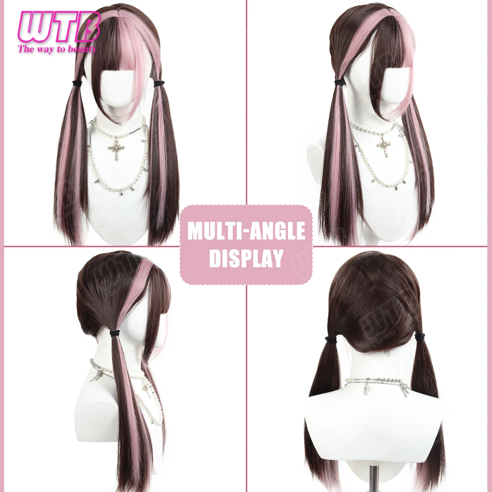 WTB Pink Highlighted Synthetic Lolita Wig for Women Long Straight with Bangs Suitable for Everyday Wear Holidays and Cosplay