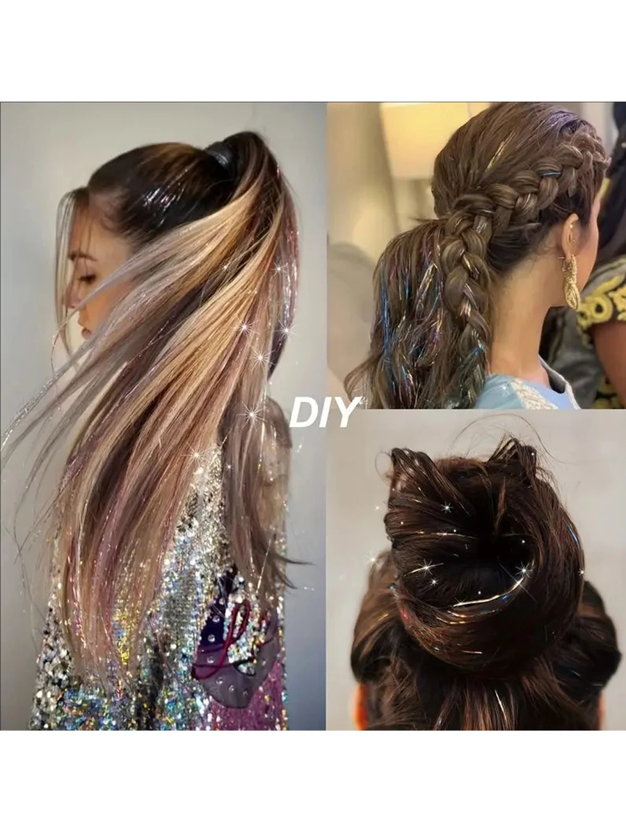 12Pcs Synthetic Hair Tinsel Clip in 20Inch Glitter  Tinsel Hair Clip in Hair Tinsel Kit Heat Resistant Shiny Sparkle Fairy Hair