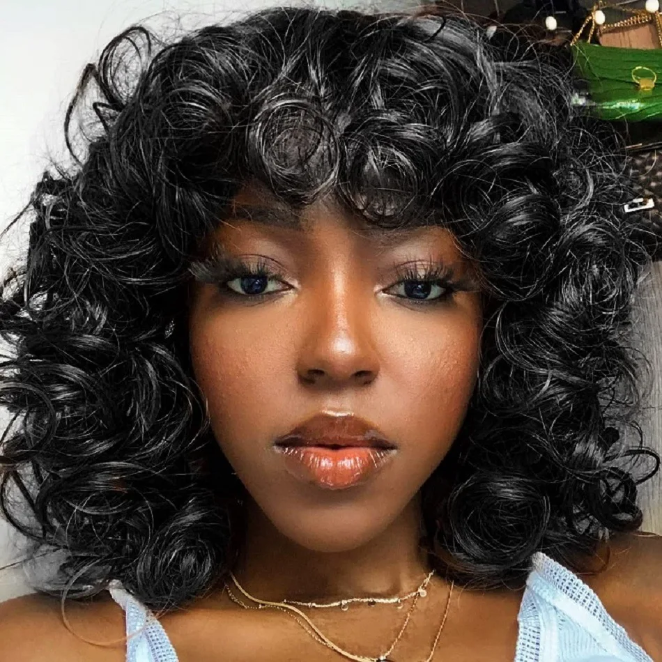 Fashionable Fluffy Curly Hair, Natural Color, Short Hair with Bangs, No Need for Glue, Can Be Worn Directly, Synthetic Wig