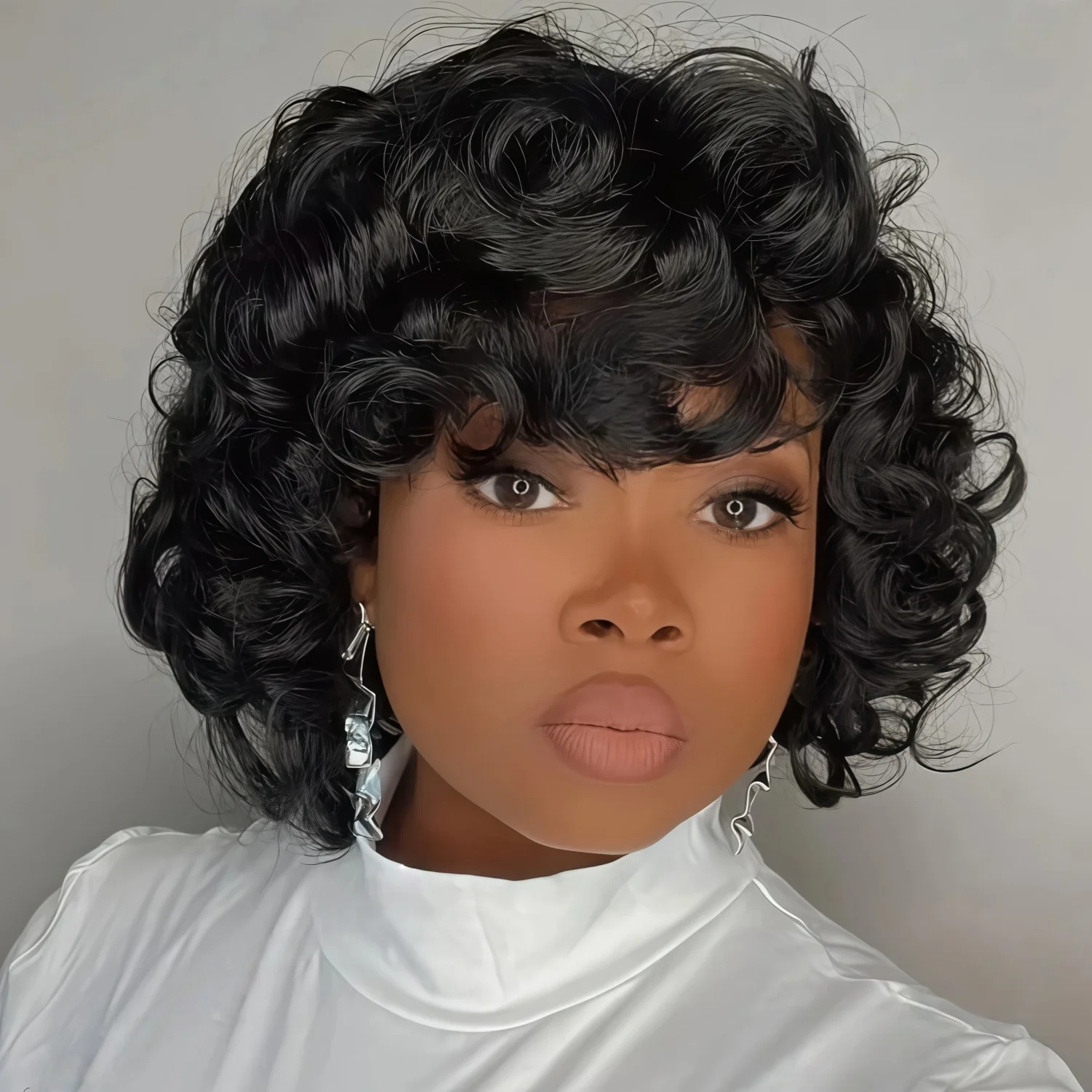 Fashionable Fluffy Curly Hair, Natural Color, Short Hair with Bangs, No Need for Glue, Can Be Worn Directly, Synthetic Wig