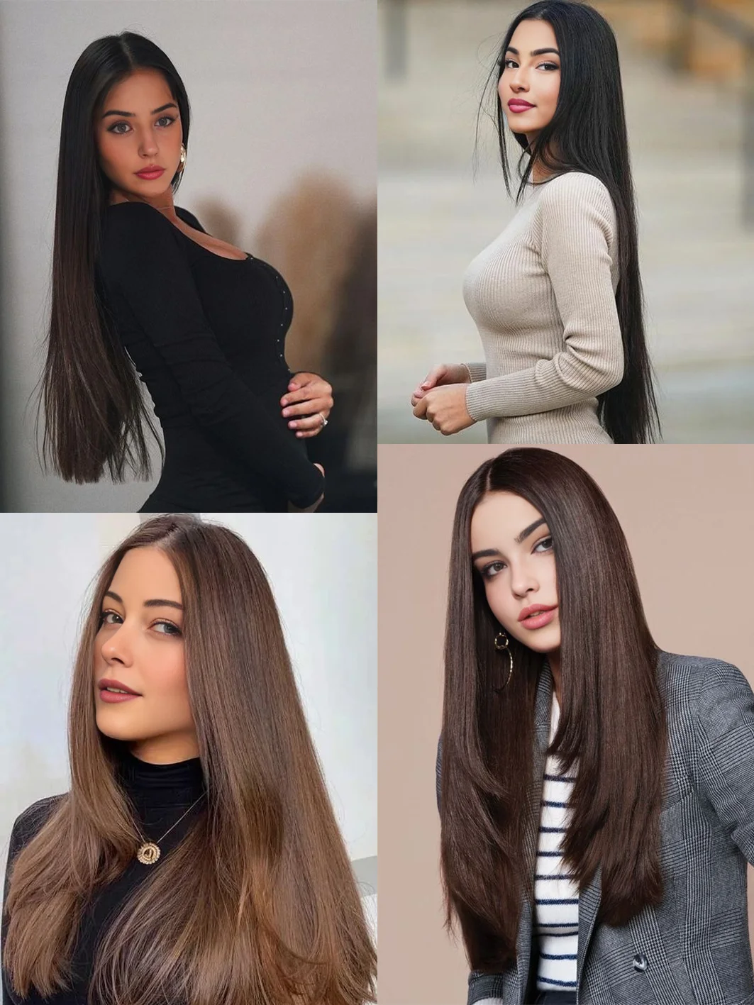 4pc Synthetic Women's 16inch/20inch/24inch Four Piece Straight Hair Extensions, Black/Brown Wig, Suitable for Daily Wear
