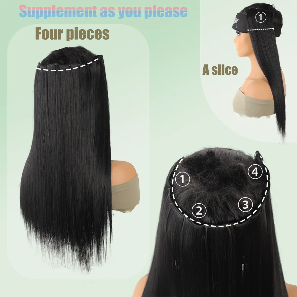 4pc Synthetic Women's 16inch/20inch/24inch Four Piece Straight Hair Extensions, Black/Brown Wig, Suitable for Daily Wear
