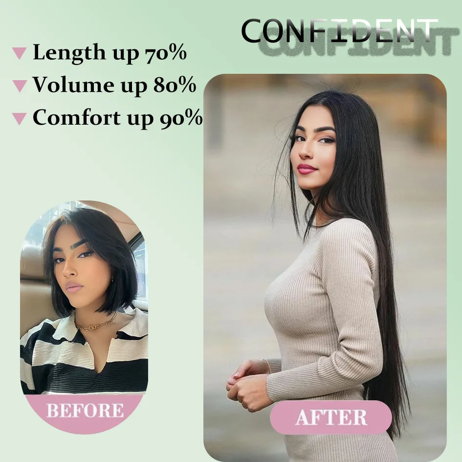 4pc Synthetic Women's 16inch/20inch/24inch Four Piece Straight Hair Extensions, Black/Brown Wig, Suitable for Daily Wear