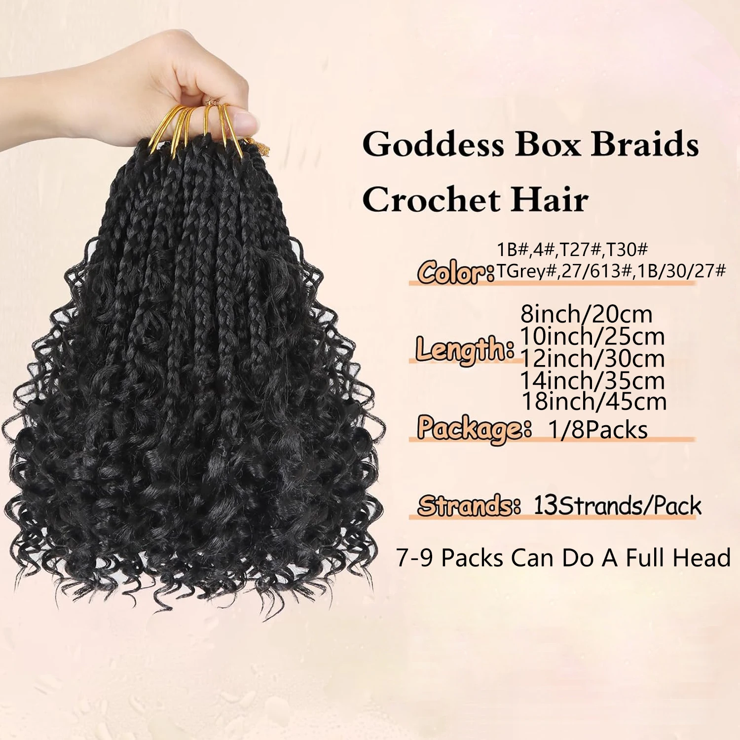 Goddess Box Braids Crochet Hair 8 Inch Pre Looped Boho Crochet Braids with Curly Ends, 8 Packs Synthetic Crochet Hair for Women
