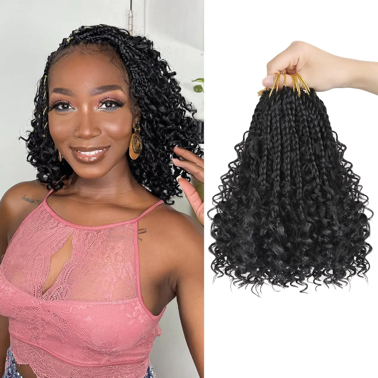 Goddess Box Braids Crochet Hair 8 Inch Pre Looped Boho Crochet Braids with Curly Ends, 8 Packs Synthetic Crochet Hair for Women