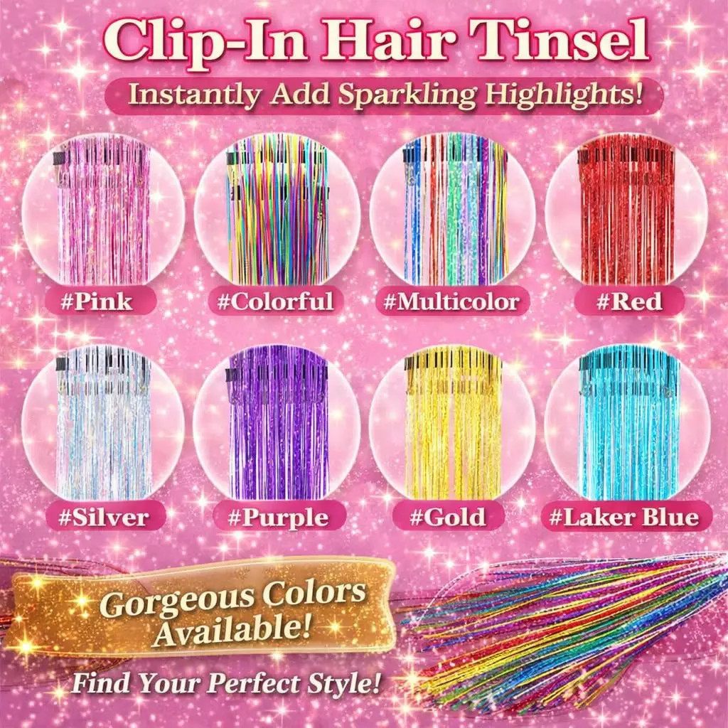 Hair Tinsel 12 Pcs Clip in Hair Tinsel Kit for Girls 22 Inch Glitter Fairy Tinsel Hair Extensions Synthetic Colorful For Girls