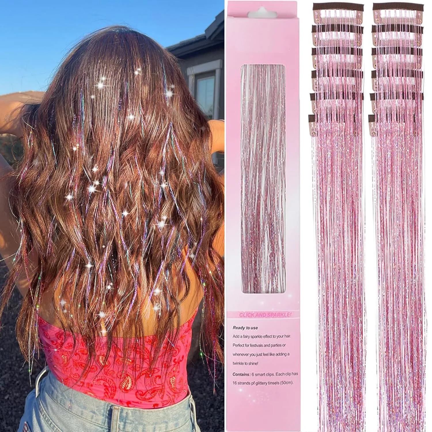 Hair Tinsel 12 Pcs Clip in Hair Tinsel Kit for Girls 22 Inch Glitter Fairy Tinsel Hair Extensions Synthetic Colorful For Girls