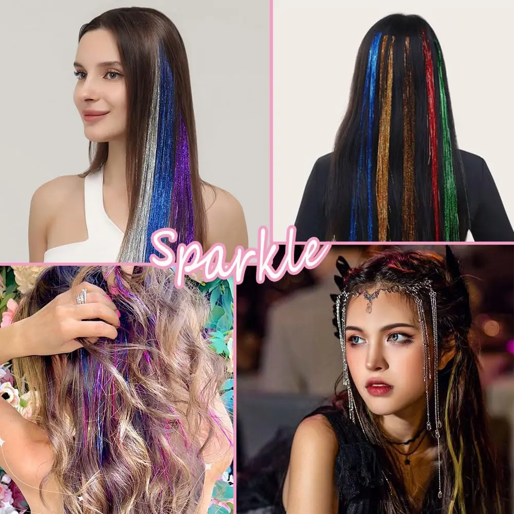 Hair Tinsel 12 Pcs Clip in Hair Tinsel Kit for Girls 22 Inch Glitter Fairy Tinsel Hair Extensions Synthetic Colorful For Girls