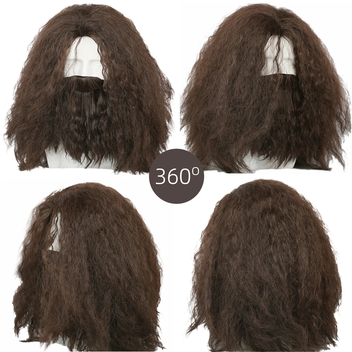20 inch Long Roll with Split Bangs, Fluffy Dark Brown Men's Bearded Synthetic Wig, Mountaintop Cave Man and Wild Man Costume Rol