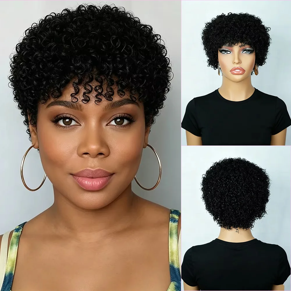 Afro Curly Wave Human Wig Short Pixie Cut Wig Fluffy Jerry Curly Wigs for Women Human Hair Wig Machine-Made 180% Density