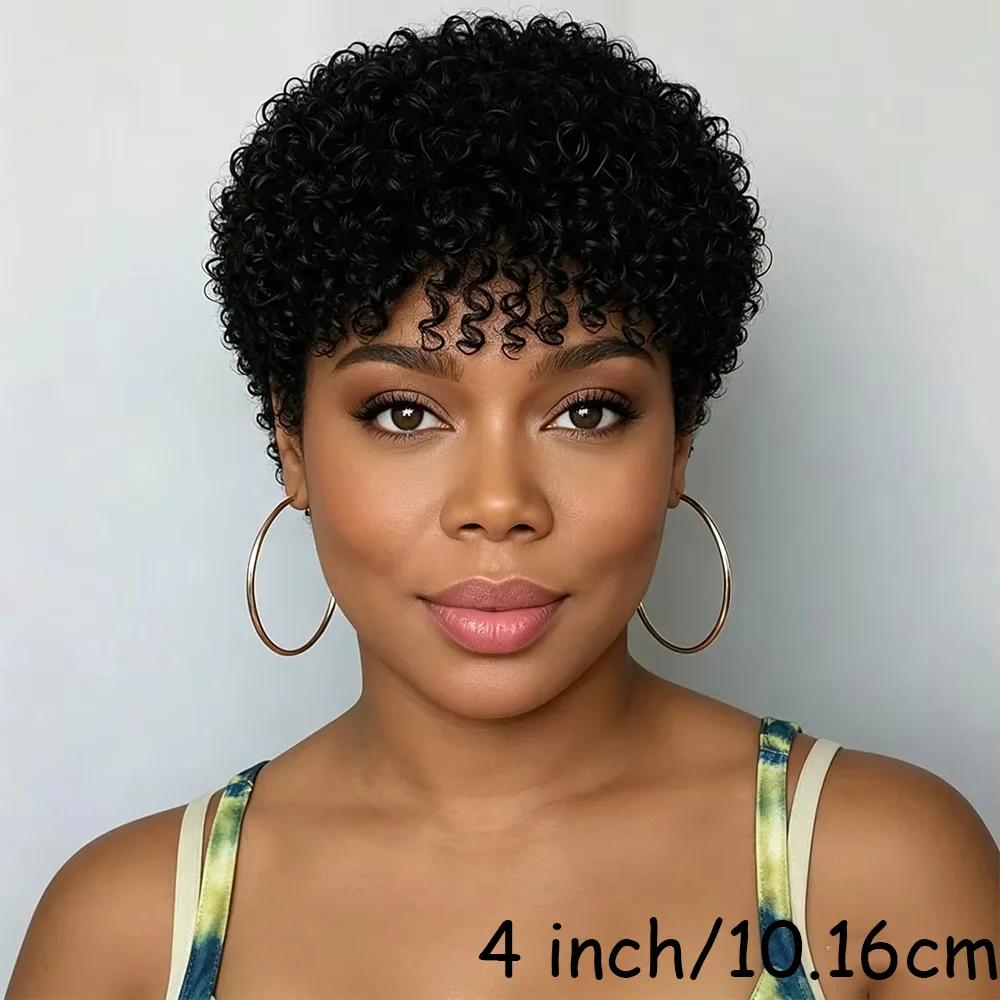 Afro Curly Wave Human Wig Short Pixie Cut Wig Fluffy Jerry Curly Wigs for Women Human Hair Wig Machine-Made 180% Density