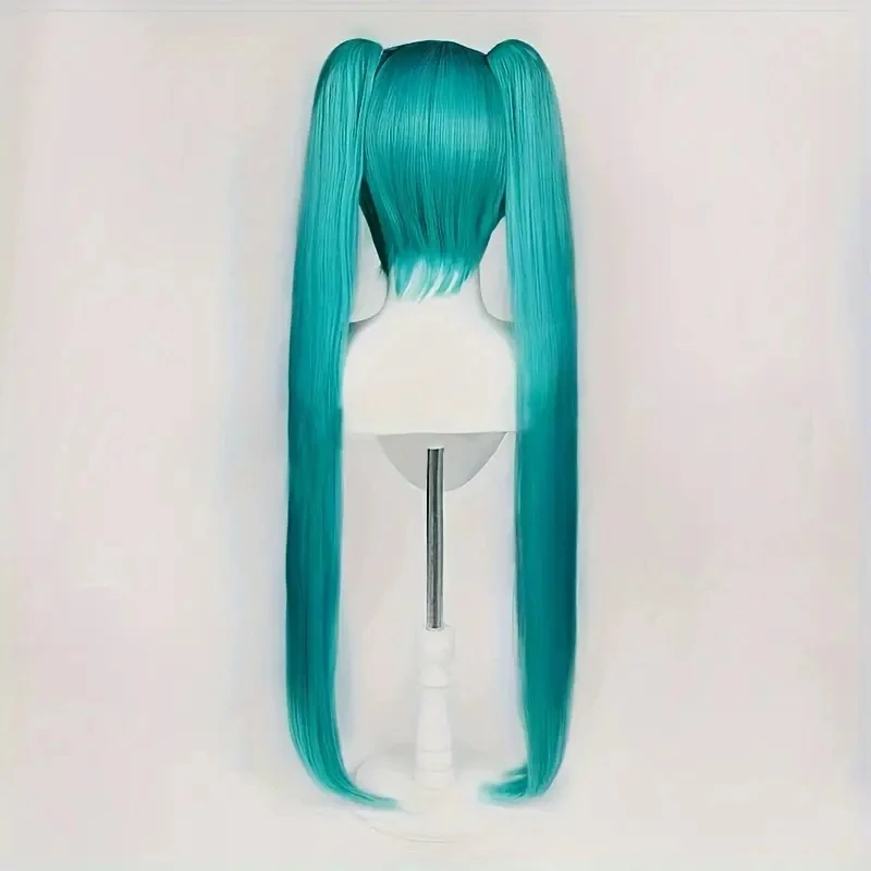 Turquoise Blue Cosplay Wig Long Straight With Bangs Double Ponytail Heat Resistant Synthetic Wig For Women