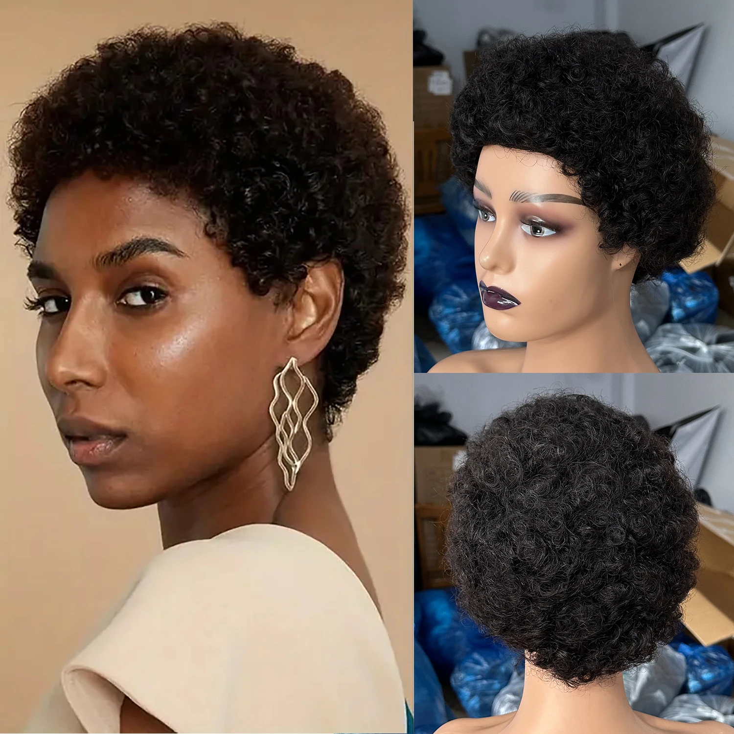 Brazilian Short Pixie Cut Wigs For Black Women Human Hair Afro Kinky Curly Wig African Curly Full Machine Made Wig