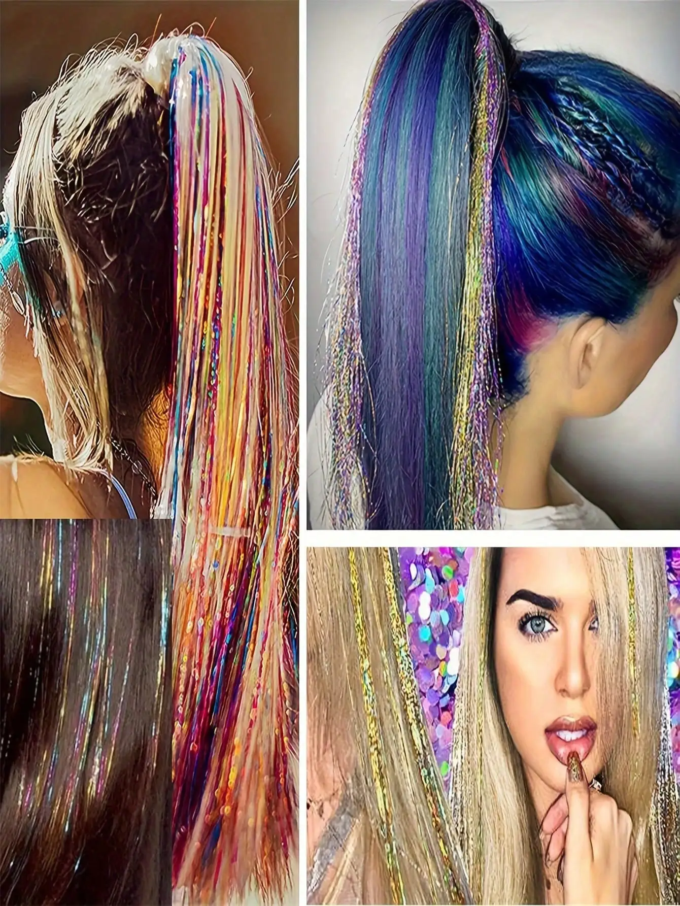 12pcs Synthetic Hair Tinsel Kit Heat Resistant Sparkling Shiny Tinsel Hair Lenth 36/48 inch 12 Colors Tinsel Strands Highlights