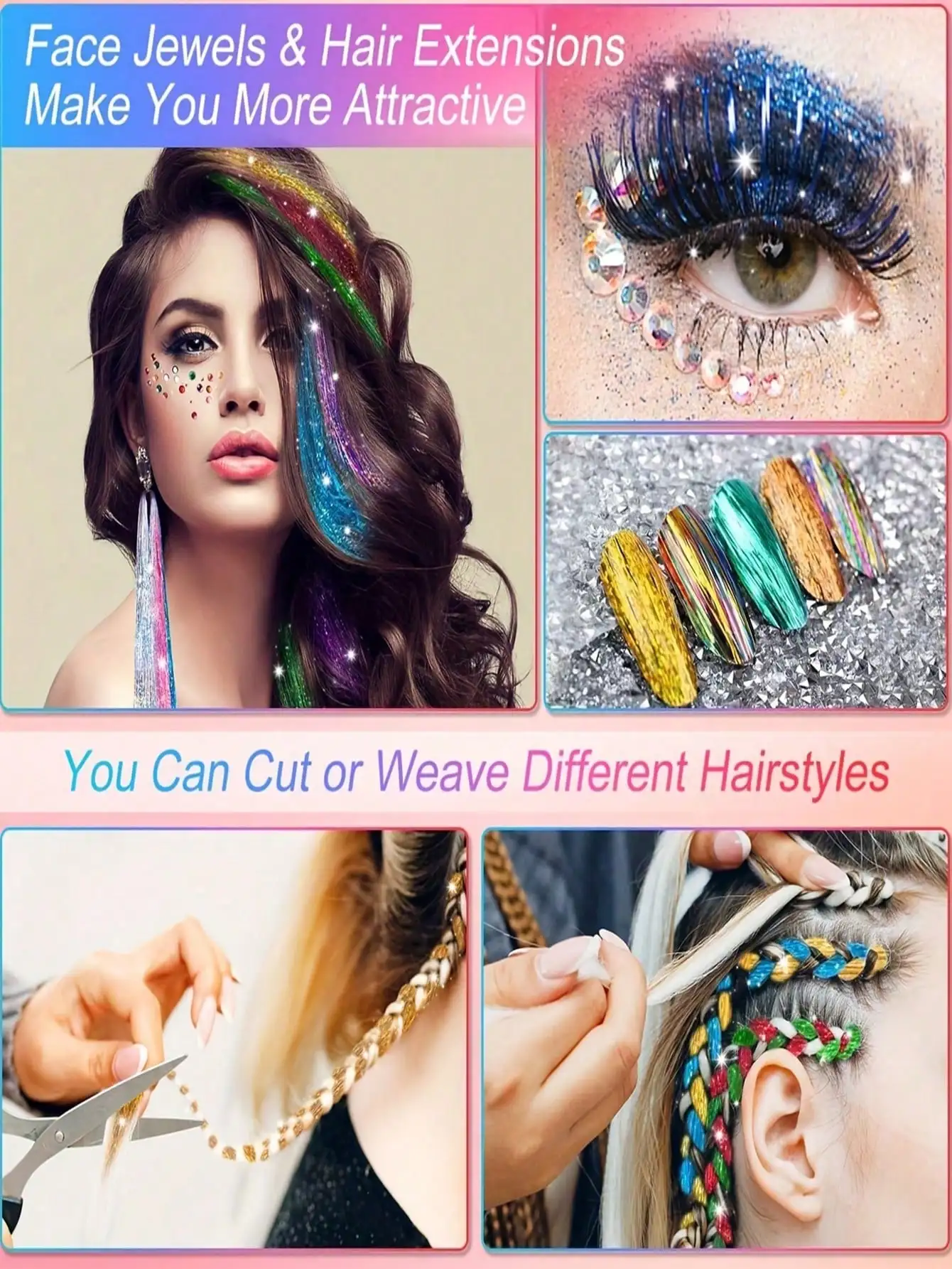 12pcs Synthetic Hair Tinsel Kit Heat Resistant Sparkling Shiny Tinsel Hair Lenth 36/48 inch 12 Colors Tinsel Strands Highlights