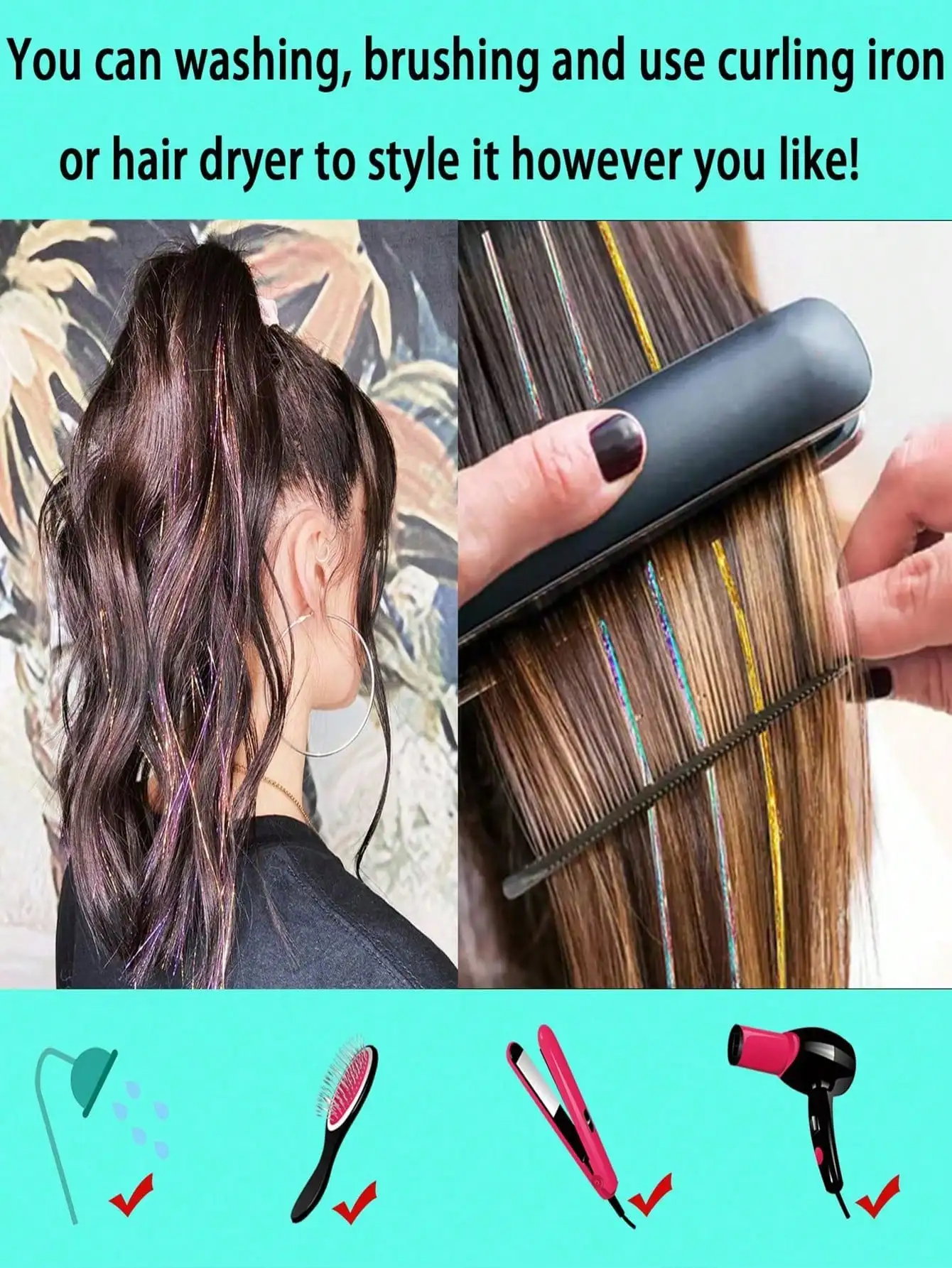 12pcs Synthetic Hair Tinsel Kit Heat Resistant Sparkling Shiny Tinsel Hair Lenth 36/48 inch 12 Colors Tinsel Strands Highlights