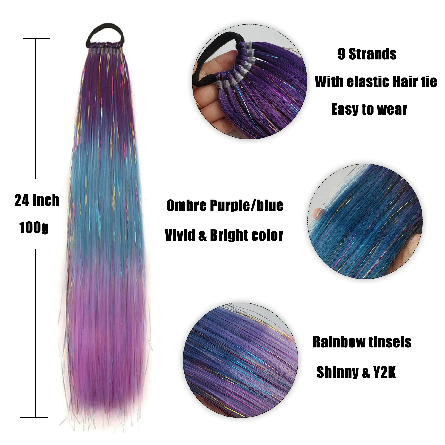 Purple Blue Tinsel Ponytail Extension with Elastic Hair Tie Glitter Braiding Hair For Kids Girls Crazy Hair Day Brave Hair