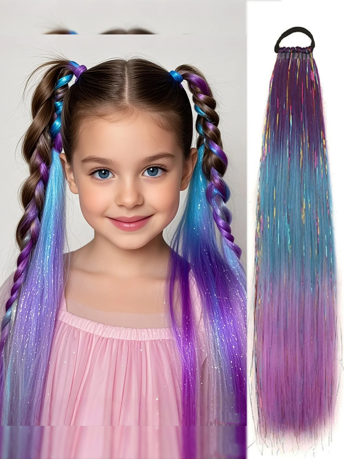 Purple Blue Tinsel Ponytail Extension with Elastic Hair Tie Glitter Braiding Hair For Kids Girls Crazy Hair Day Brave Hair