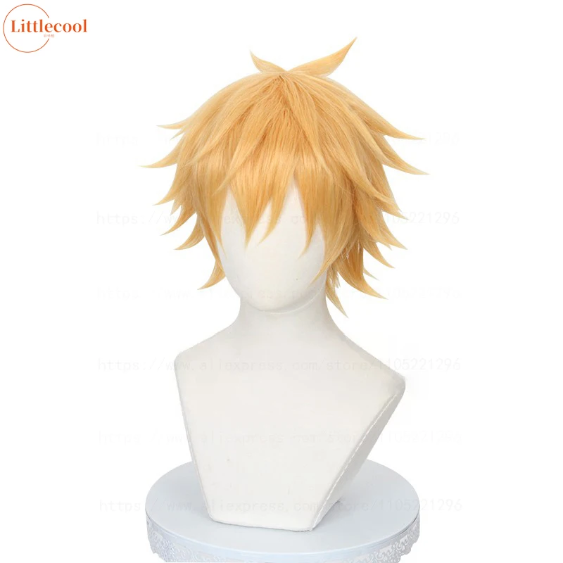 High Quality Denji Cosplay Wig Short Layered Golden Heat Resistant Synthetic Hair Halloween Carnival Anime Wigs + Wig Cap